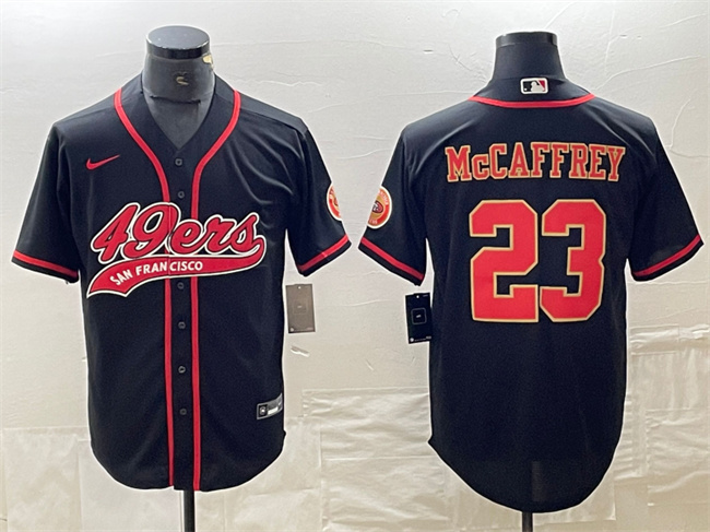 Men's San Francisco 49ers #23 Christian McCaffrey Black With Patch Cool Base Stitched Baseball Jersey Men's San Francisco 49ers #23 Christian McCaffrey Black With Patch Cool Base Stitched Baseball Jersey